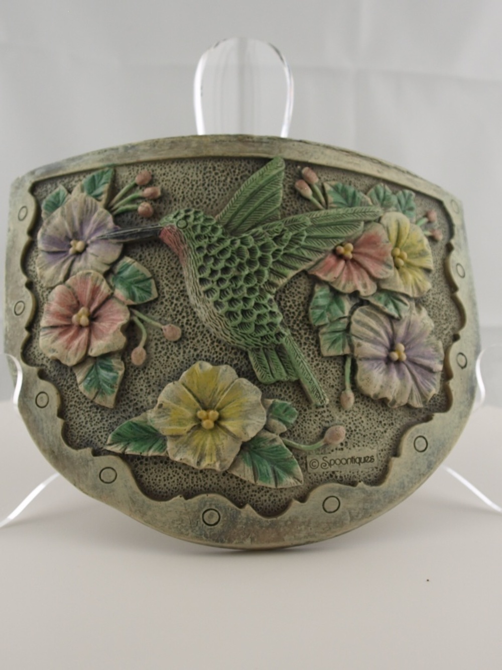 Vintage Spoontiques Hummingbird Wall Pocket Planter with 3D Floral Resin Plaque